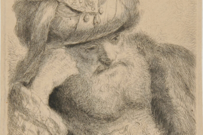 A BEARDED MAN WEARING A TURBAN, LEANING HIS HEAD ON HIS RIGHT HAND