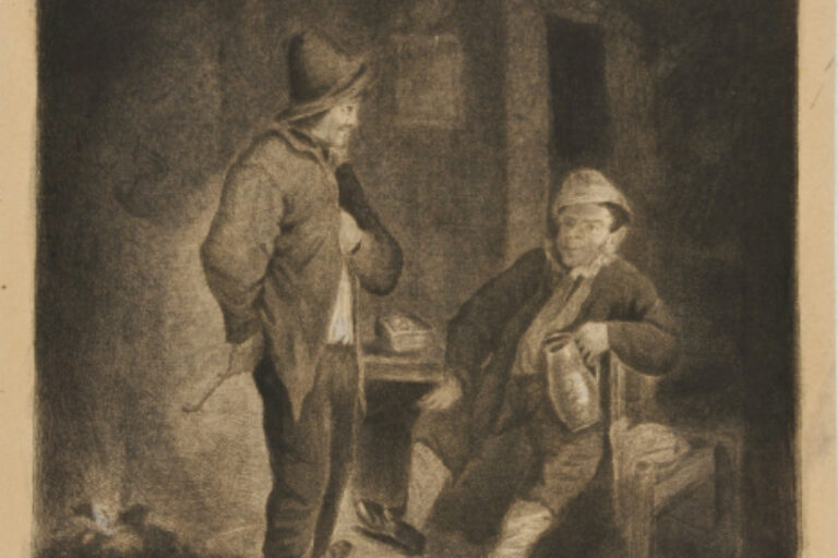 TWO MEN, ONE SITTING HOLDING A JUG