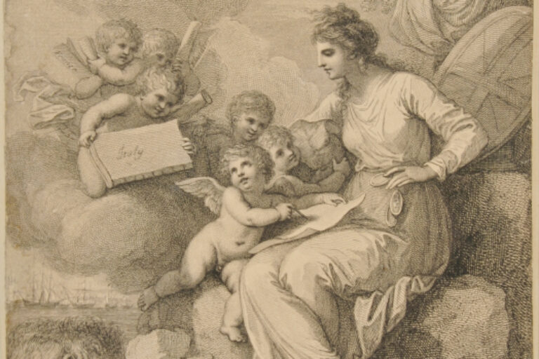 ALLEGORICAL FIGURE OF GREAT BRITAIN, SEATED ON ROCKS BY THE SEA, ATTENDED BY CUPID