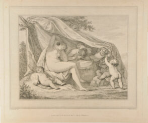 Three nymphs and a cupid asleep, three other cupids holding up tent