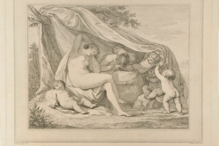 Three nymphs and a cupid asleep, three other cupids holding up tent