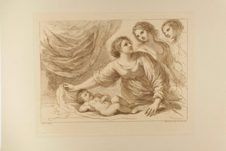 Three women, with a child lying on a couch