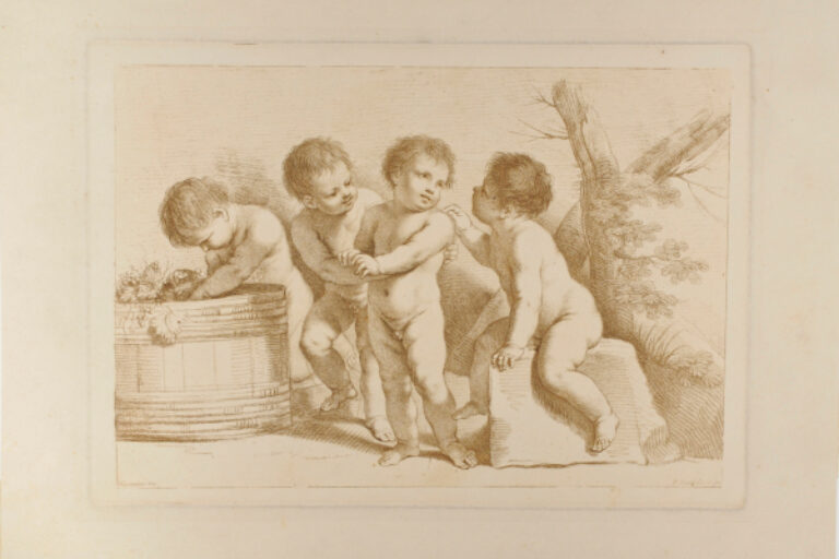 Group of Four Children, One Looking into a Tub with Grapes