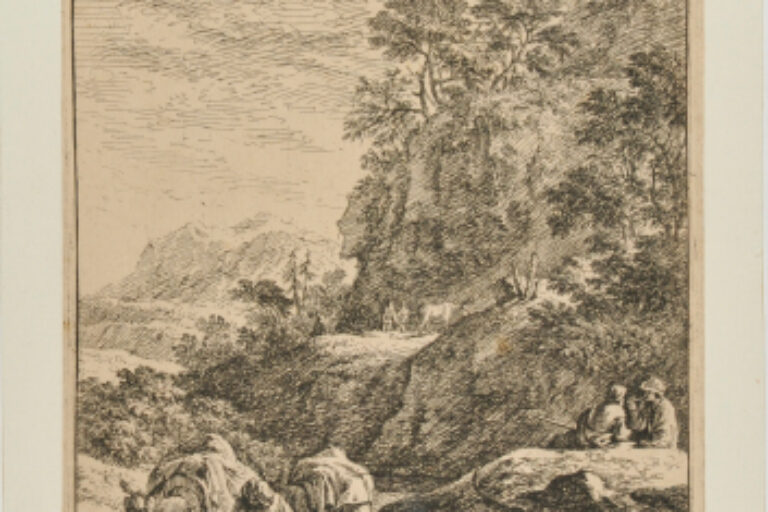 ROCKY LANDSCAPE WITH DROVER AND TWO MULES