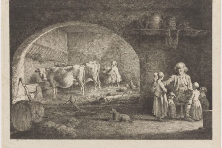 Interior of a Barn, with Old Man, Surrounded By Five Children