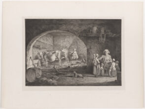 Interior of a Barn, with Old Man, Surrounded By Five Children