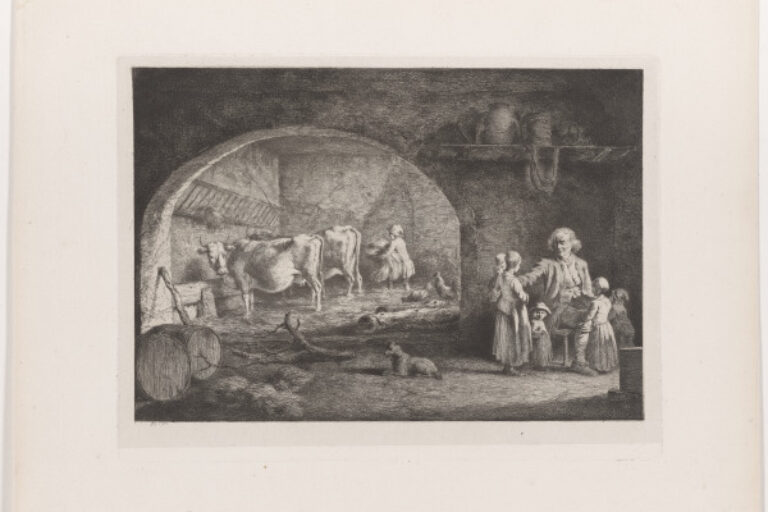 Interior of a Barn, with Old Man, Surrounded By Five Children