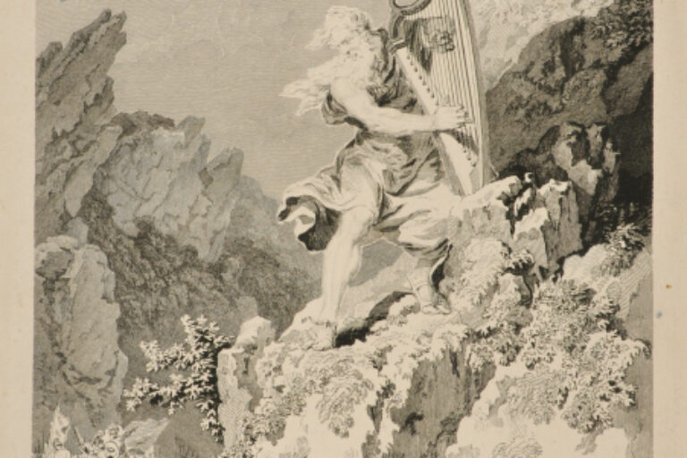 Old Bard Playing on His Harp, Standing on a Cliff above Rough Waters