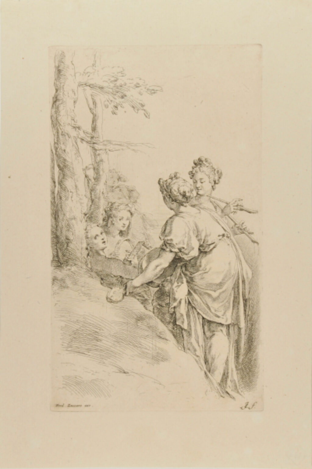 Five female musicians in a landscape