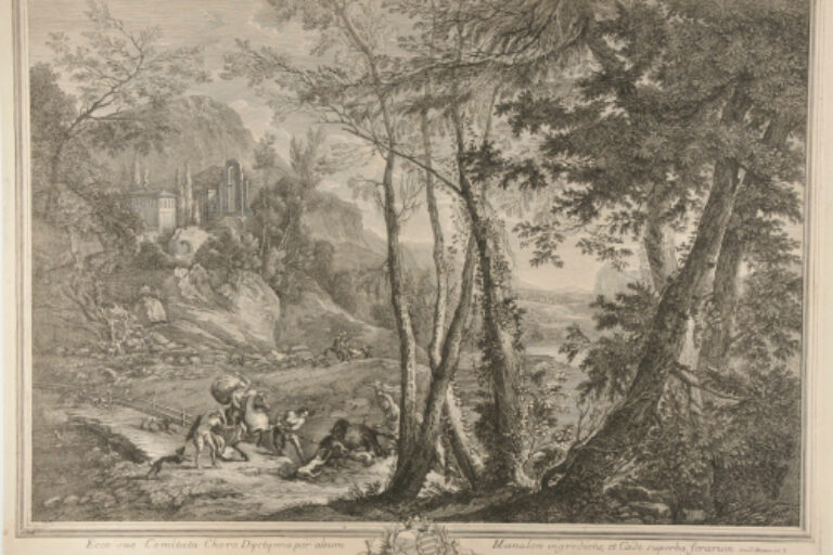 LANDSCAPE, WITH HUNTERS SPEARING BOAR IN FOREGROUND