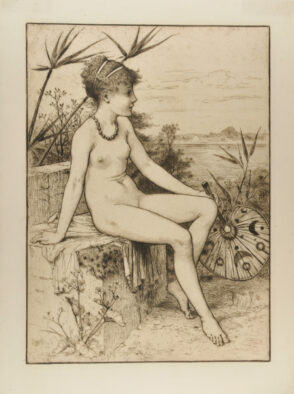 Nude Girl, Holding Palm Leaf Fan, Sitting on Stone Bench