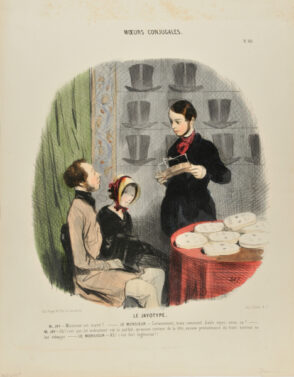 Le Jayotype. M. Jay – Monsieur est marié? – Le Monsieur – Certainement, mais comment diable voyez-vous ça? – M. Jay – Oh! c’est que cet instrument est si parfait qu’aucun contour de la tête, aucune protuberance du front surtout ne lui échappe. – Le Monsieur – Ah! c’est fort ingénieux!!