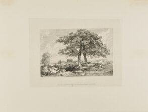Landscape with Horses Drawing Hay Wagon, Two Large Trees in Foreground