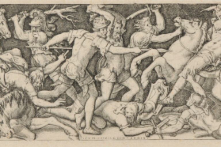 COMBAT BETWEEN MEN ON HORSEBACK AND SOLDIERS ON FOOT