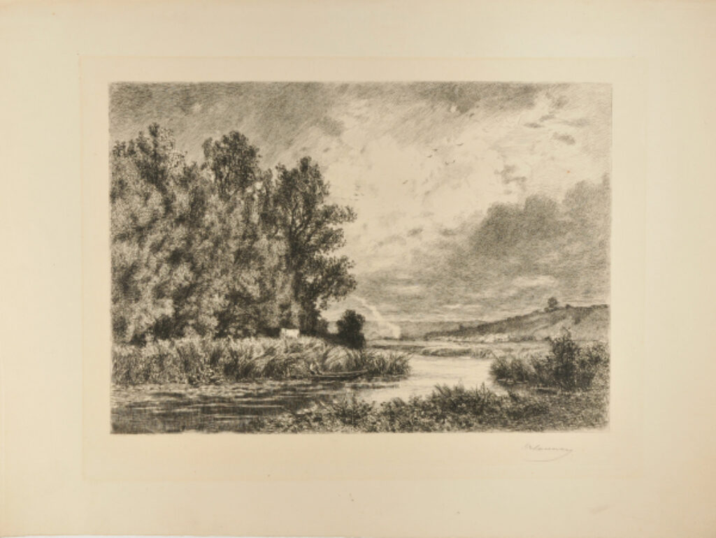 River Landscape with Man in Boat Fishing