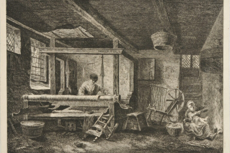 INTERIOR, WITH MAN AT A LOOM
