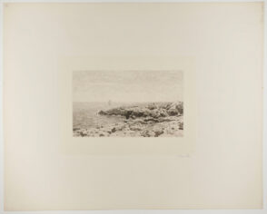 Rocks with Two Figures, Sailboat in Distance