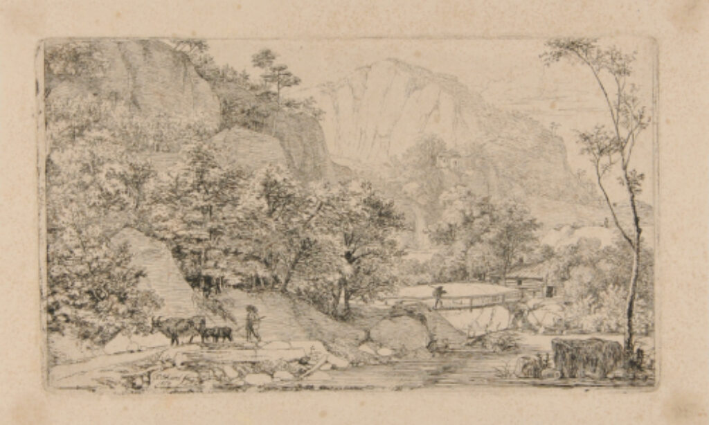 Herdsman with Cattle on Path by a Brook