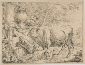 Landscape with Reclining Shepherd, a Bull and Two Sheep