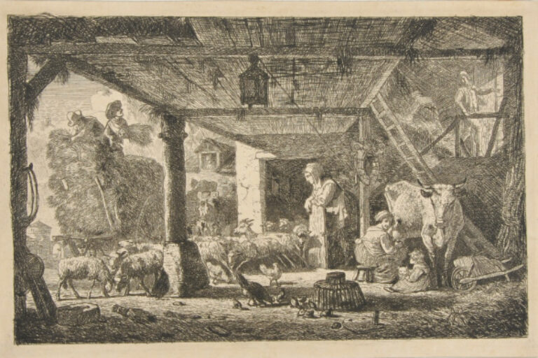 FLOCK OF SHEEP COMING OUT OF A STABLE