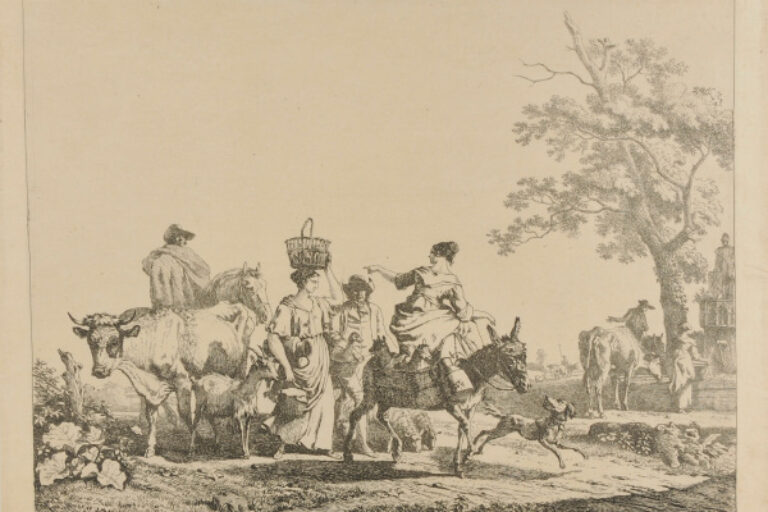 MEN AND WOMEN WITH BASKETS AND CATTLE GOING TO MARKET, WOMAN IN FRONT ON A DONKEY