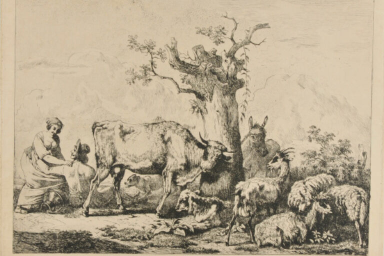 LANDSCAPE WITH CATTLE, COW RUBBING AGAINST A TREE