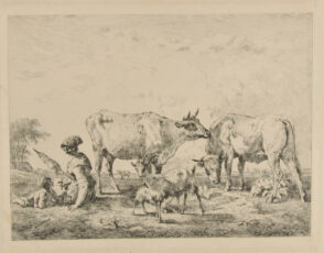 Landscape with Two Cows and Two Goats, Girl and Little Boy at Left