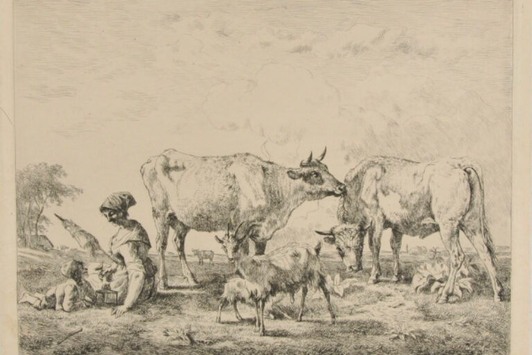 LANDSCAPE WITH TWO COWS AND TWO GOATS, GIRL AND LITTLE BOY AT LEFT