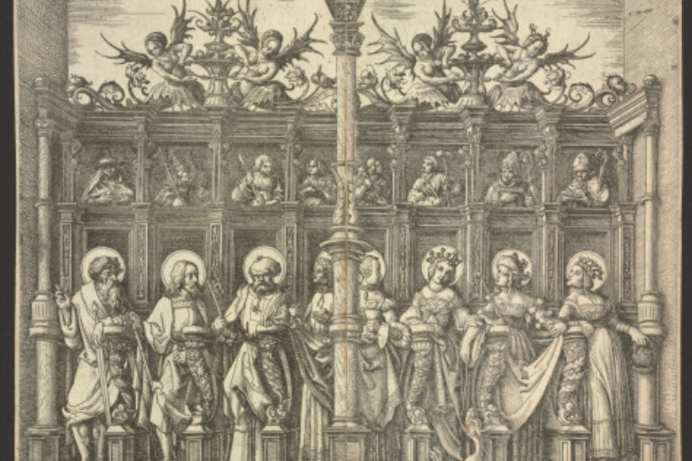 LARGE CHOIR STALLS WITH FOUR MALE SAINTS (LEFT SHEET) AND FOUR FEMALE SAINTS (RIGHT SHEET)