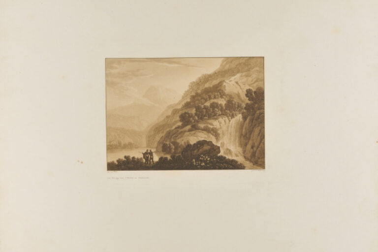 MOUNTAIN SCENE WITH WATERFALL TO RIGHT
