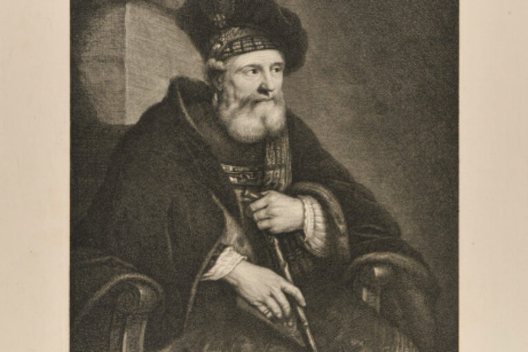 OLD MAN IN FANCIFUL COSTUME HOLDING A STICK