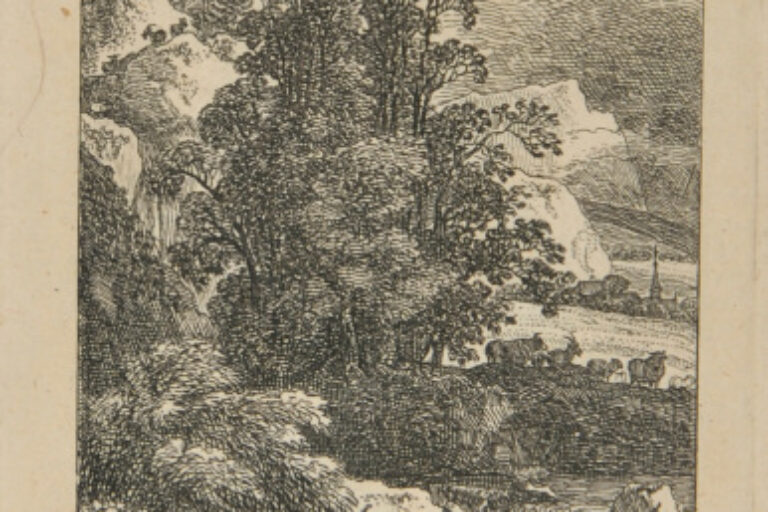 CLEARING THUNDERSTORM IN A ROCKY LANDSCAPE, WITH A SHEPHERD RESTING WITH HIS FLOCK