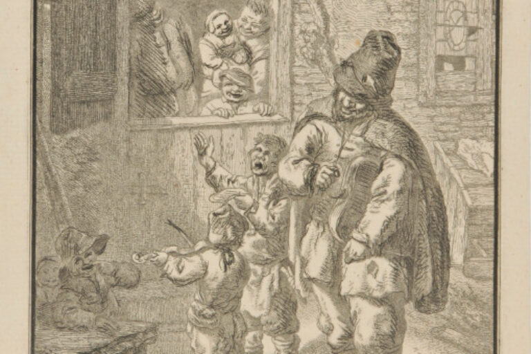 HURDY-GURDY PLAYER AND CHILDREN SINGING TO A FAMILY IN A HALF-DOOR