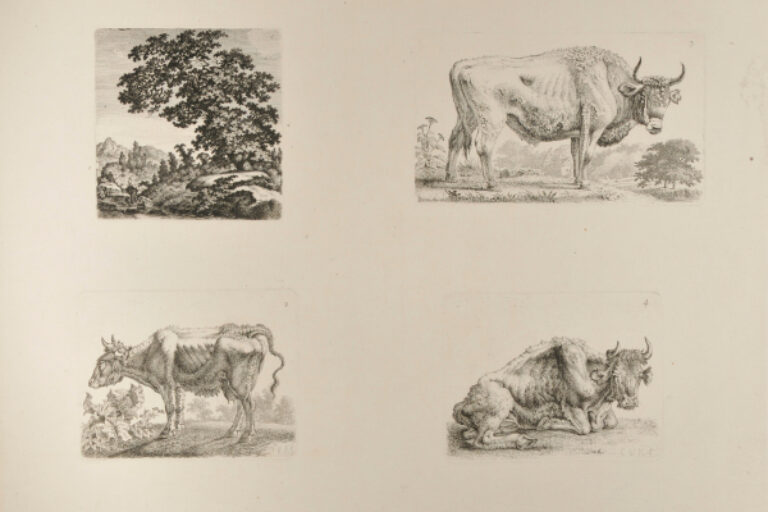 LANDSCAPE WITH LEANING OAK (UPPER LEFT); STANDING OX, FACING RIGHT (UPPER RIGHT); RESTING COW, FACING RIGHT (LOWER RIGHT); THIN STANDING COW, FACING LEFT (LOWER LEFT)