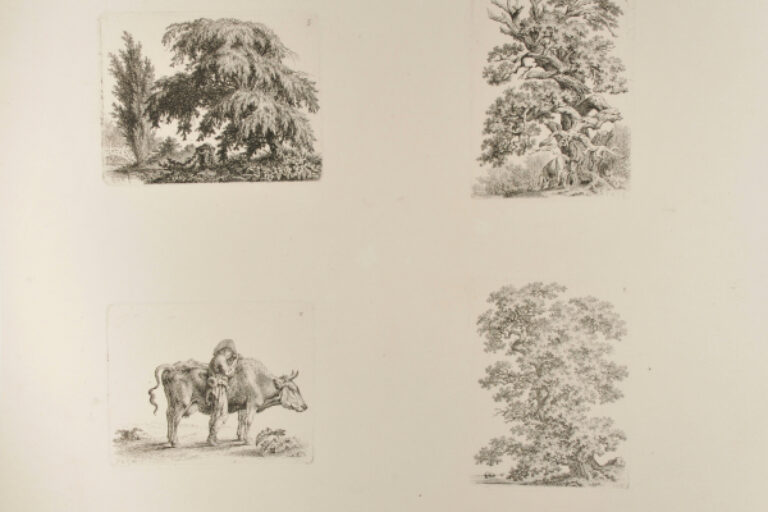 ENGLISH GARDEN WITH WILLOW AND URN (UPPER LEFT); OX SCRATCHING AGAINST A GNARLED OAK (UPPER RIGHT); GNARLED OAK WITH FLUTE-PLAYING SHEPHERD SITTING ON BRANCH (LOWER RIGHT); YOUNG SHEPHERD WITH A COW (LOWER LEFT)