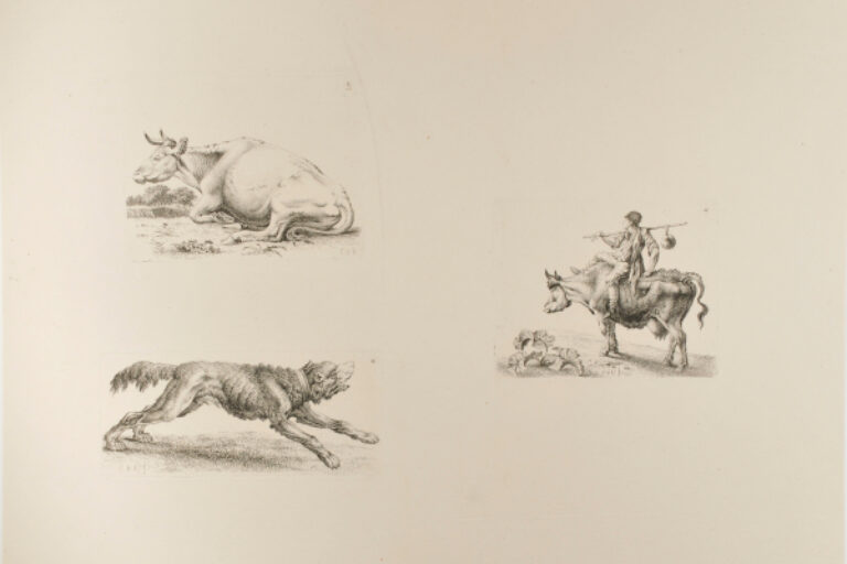 RESTING COW FACING LEFT, WITH TREES BEYOND (UPPER LEFT); RUNNING DOG (LOWER LEFT); BOY RIDING A COW (RIGHT)