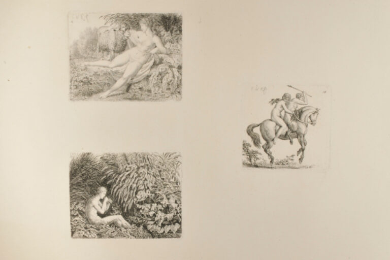 NUDE GIRL WITH LAMB (UPPER LEFT); NUDE SHEPHERD BOY WITH A FLUTE (LOWER LEFT); NYMPH AND SATYR ON A PRANCING HORSE (RIGHT)