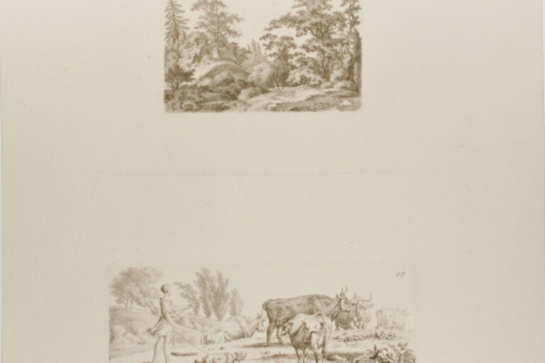 LANDSCAPE WITH THATCHED COTTAGES (TOP); YOUNG COWHERD WITH A DOG AND FIVE COWS (BOTTOM)