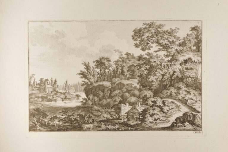 ARCADIAN LANDSCAPE WITH SMALL ROUND TEMPLE AT LEFT AND STAG ON A HILL AT RIGHT