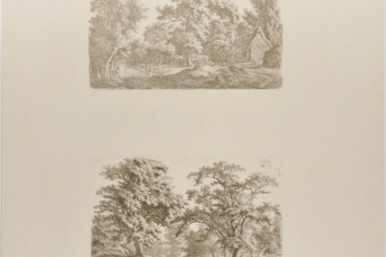 LANDSCAPE WITH THATCHED COTTAGE AT RIGHT (TOP); HILLY LANDSCAPE WITH A ROAD BETWEEN TWO TREES (BOTTOM)