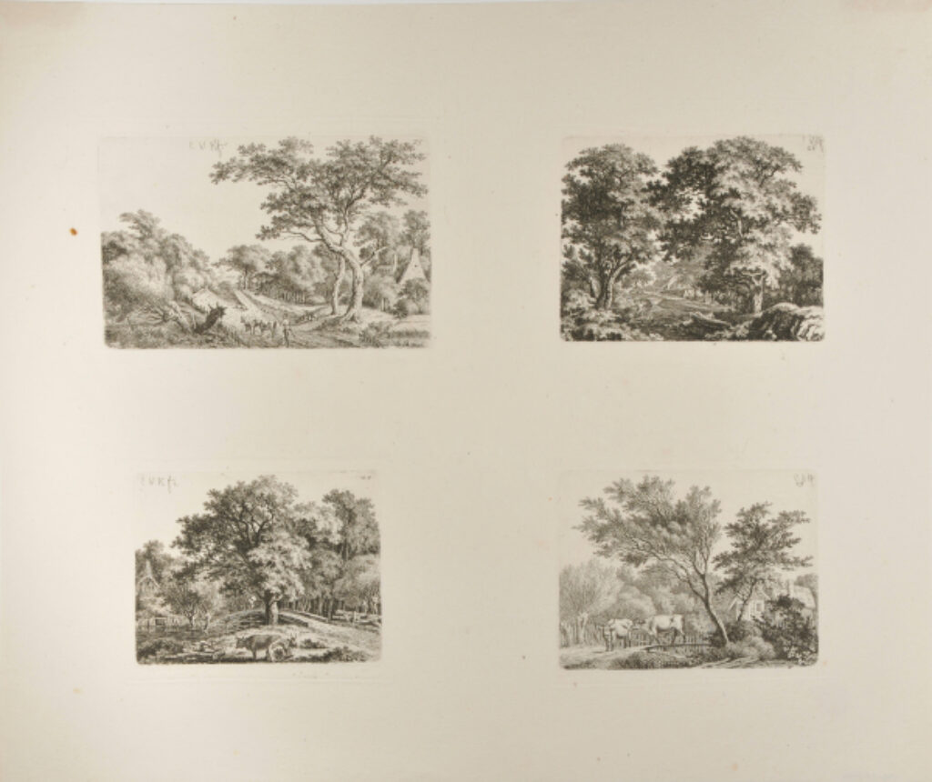 Wide Road with Cowherd and Two Cows (upper left); Forest Landscape with a Stream and a Man in a Canoe (upper right); Two Cattle by a Ditch with a Wooden Bridge (lower right); Forest Landscape with a Stone Bridge and Two Cattle (lower left)