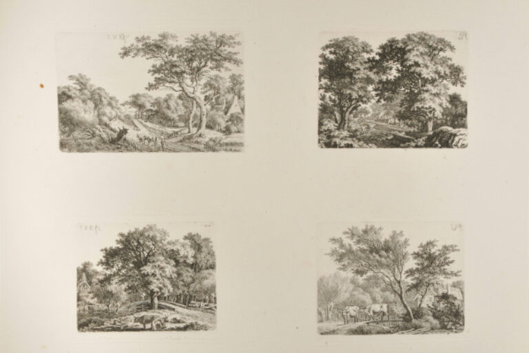 WIDE ROAD WITH COWHERD AND TWO COWS (UPPER LEFT); FOREST LANDSCAPE WITH A STREAM AND A MAN IN A CANOE (UPPER RIGHT); TWO CATTLE BY A DITCH WITH A WOODEN BRIDGE (LOWER RIGHT); FOREST LANDSCAPE WITH A STONE BRIDGE AND TWO CATTLE (LOWER LEFT)