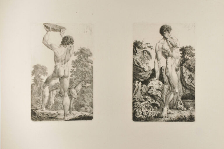 NUDE MAN HOLDING ALOFT A BOWL (LEFT); NUDE MAN LEADING ON BOULDERS (RIGHT)