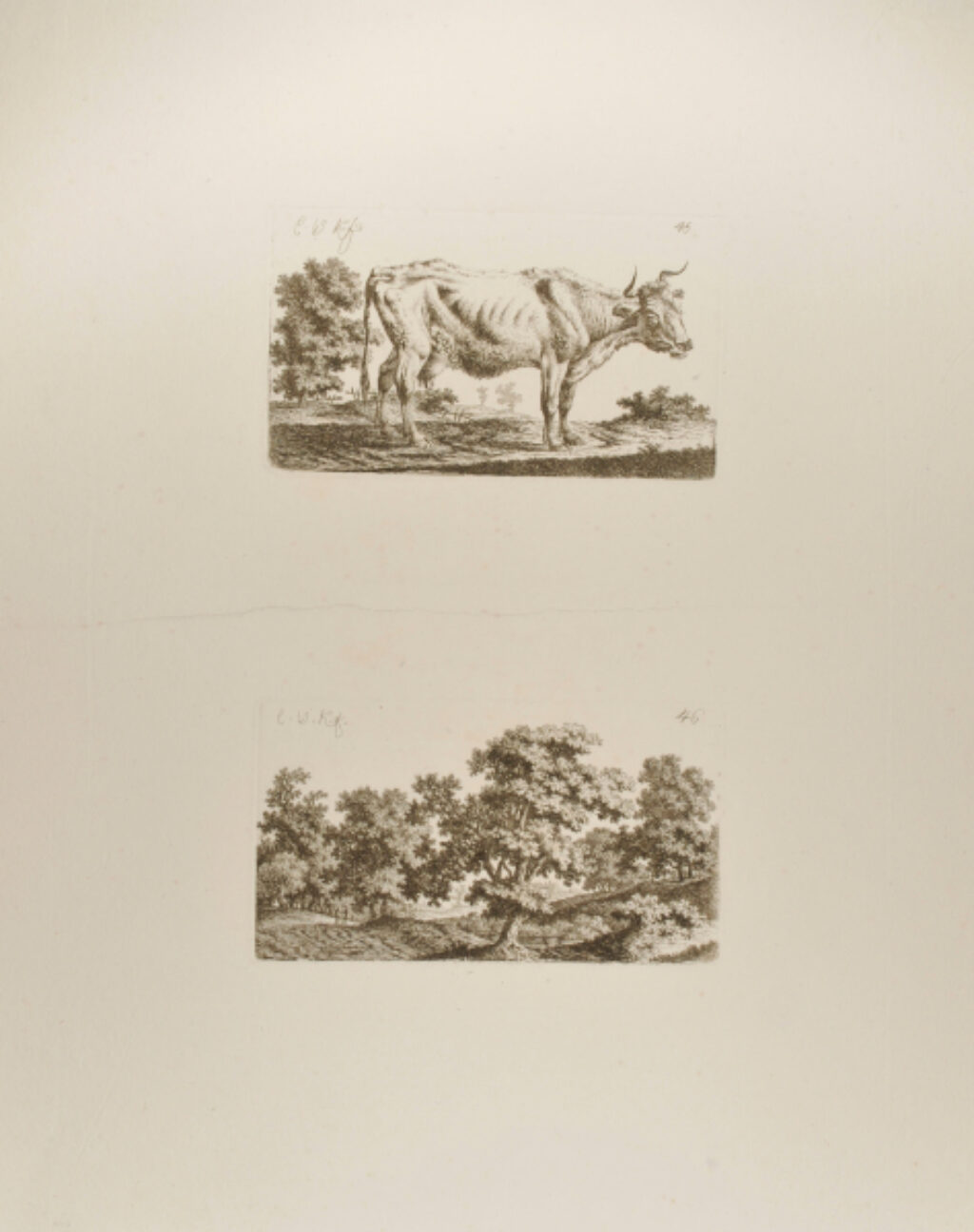 Standing Cow, Facing Right (top); Landscape with Two Silhouetted Figures (bottom)