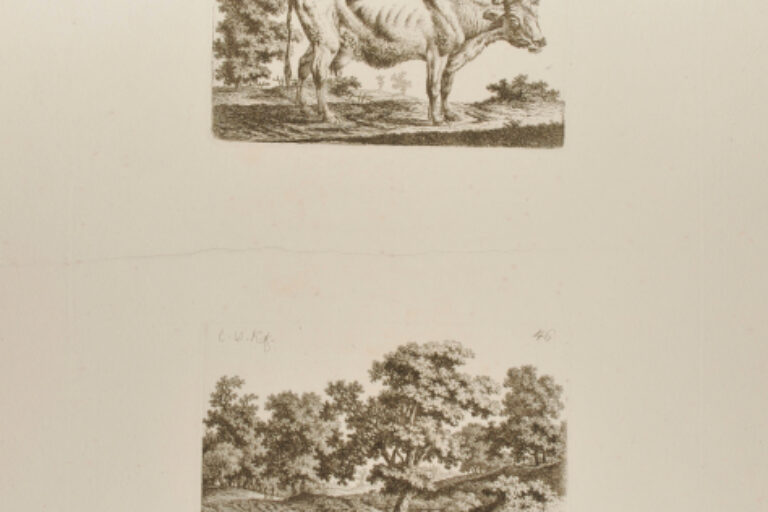 STANDING COW, FACING RIGHT (TOP); LANDSCAPE WITH TWO SILHOUETTED FIGURES (BOTTOM)