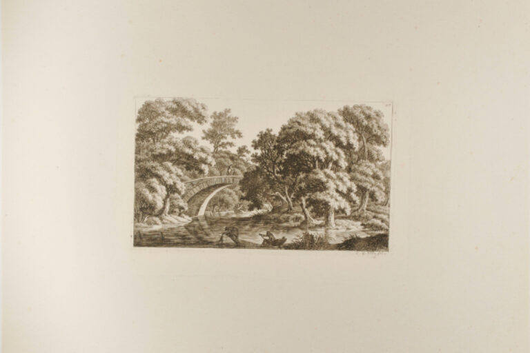 LANDSCAPE WITH SMALL POND AND STONE BRIDGE
