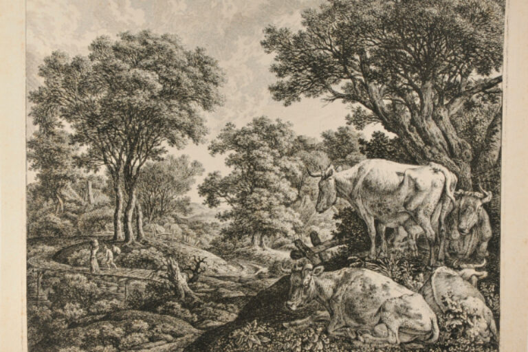 THREE RESTING COWS AND A STANDING COW ON A HILL