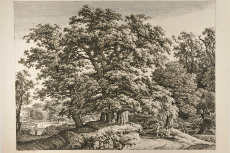 FOUR OAKS ON AN EMBANKMENT, WITH TWO MEN AND A BOY IN CONVERSATION BESIDE A ROAD