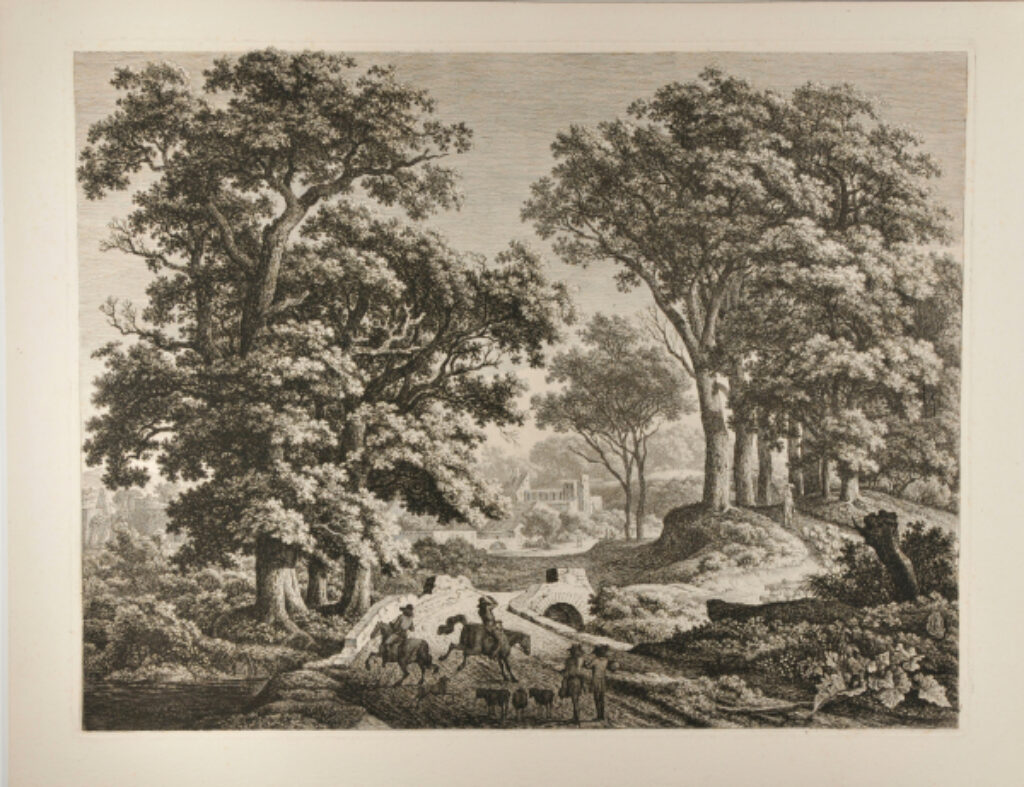 Road through a Woods with Two Riders on Bucking Horses and Stone Bridge