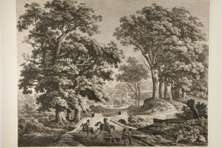 ROAD THROUGH A WOODS WITH TWO RIDERS ON BUCKING HORSES AND STONE BRIDGE